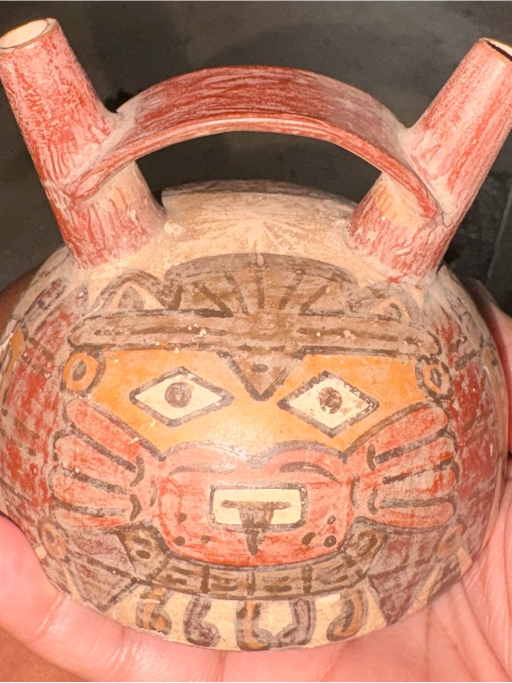 Pre-Columbian Hand-Painted antique Double-Spout Ceramic Stirrup Vessel w/Deity